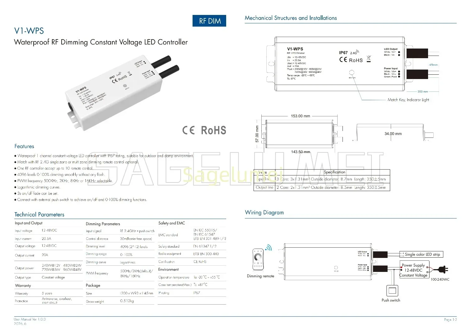 SKYDANCE 12-48VDC 1CH*20A V1-WPS RF 0 -100% Dimming CV RF2.4GHz + push switch for Single color IP67 Waterproof LED Controller