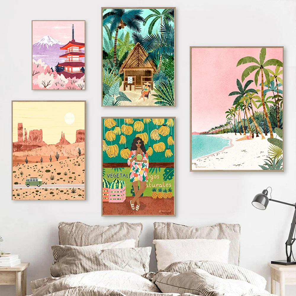 Travel Canvas Painting Prints - Bali Costa Rica Polynesia Lisboa Greek Island Landscape Posters Wall Art for Home Room Decor