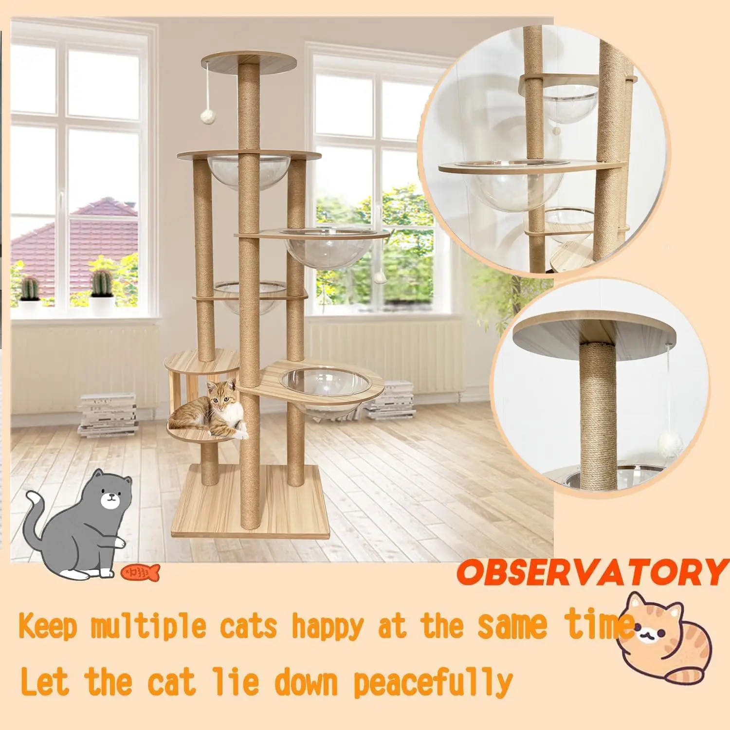 72.1-Inch Large Cat Tree for Indoor Adult Cats, 4 Bowls & 12 Sisal Posts with Cage Perch Toy Balls Wood, Customized - view 4