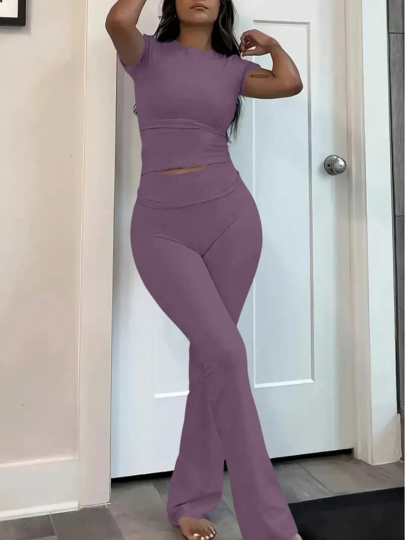 

Solid Color Short Sleeve T-Shirt And Flared Pants Two-Piece Set
