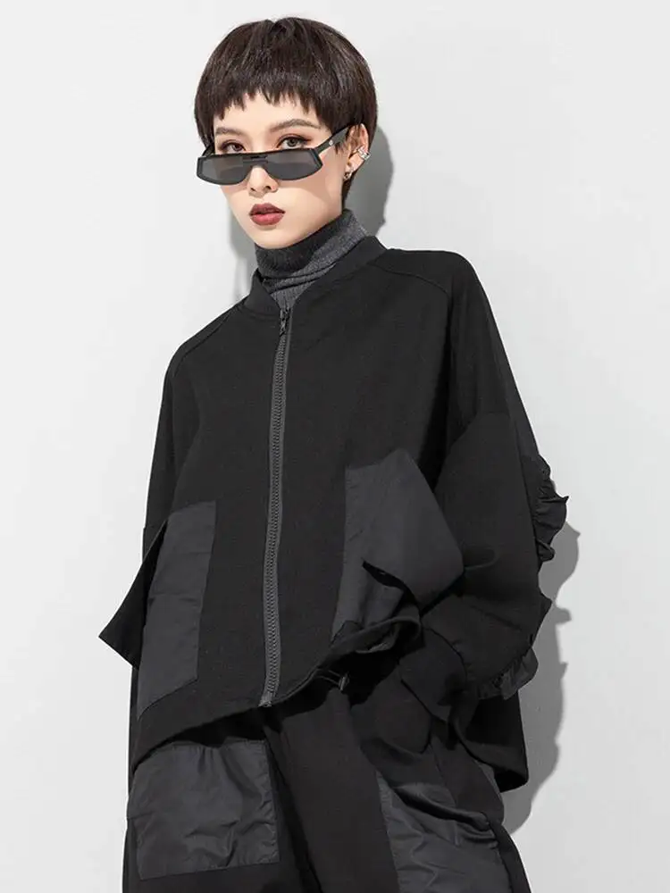 Loose Fit Black Pocket Ruffles Big Size Jacket New Stand Collar Long Sleeve Women Coat Fashion Autumn Winter 2026 YJDN