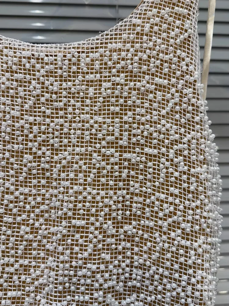 DFDG Damska Letnia Beżowa Sukienka Maxi Bez Rękawów Z Tiulu, Ozdobiona Perłami, Elegancka, Formalna, Na Imprezę, Modna Sukienka Damska 2025