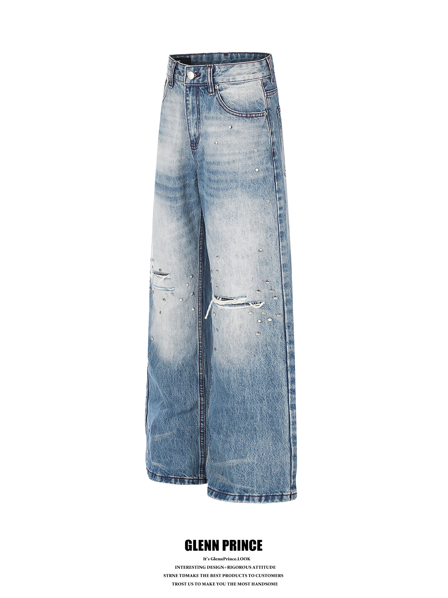 Washed Denim Jeans Men's  Rivet Hole Youth Casual Wide Leg Pants Korean Street Style Leisure Boy Sensation All Match
