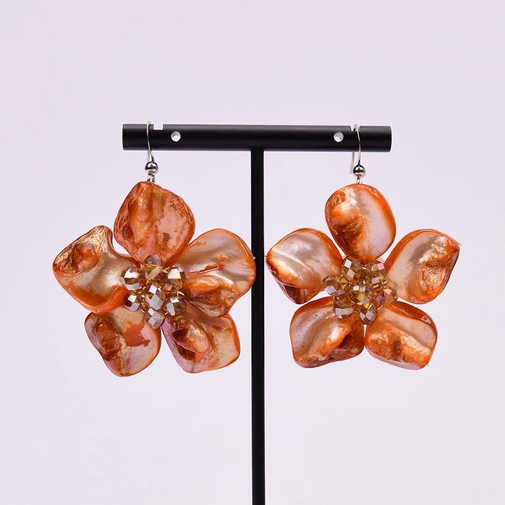 G-G Big Natural Orange Sea Shell Flower Crystal Dangle Hook Earrings Handmade Earring For Lady