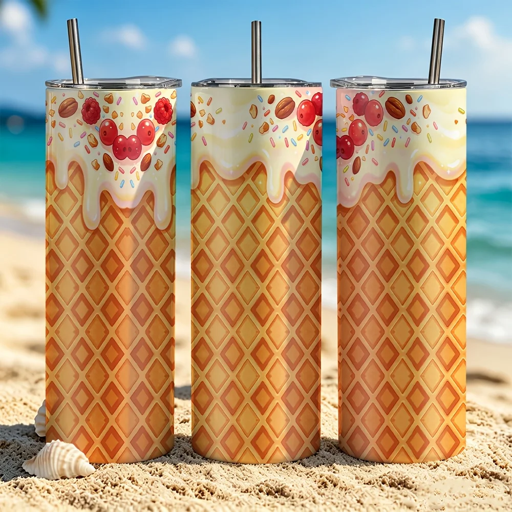 1pc/20Oz/590Ml/Double Wall Stainless Steel Insulated Skinny Tumbler with Straw And Lid, Outdoor Travel Coffee Mug, Waffle Grid Pattern with Dripping Creamy Topping Mixed with Berries Nuts And Colorful Sprinkles Festive Gift Choice, Birthday Gifts