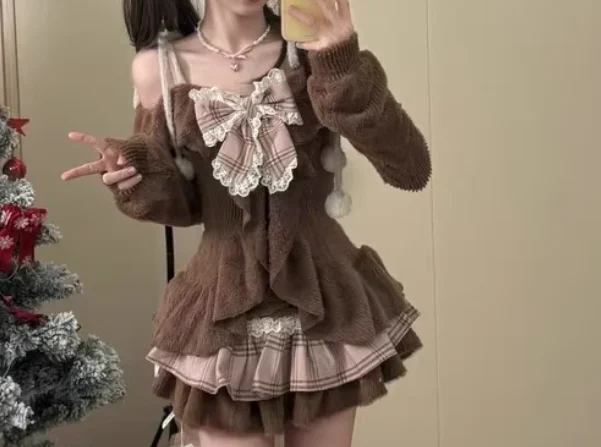 New Korean Retro Y2k Plaid High Waist A-line Lace Cake Mini Skirt Girl Autumn Winter Sweet Cute Bow Artificial Animal Hair Top