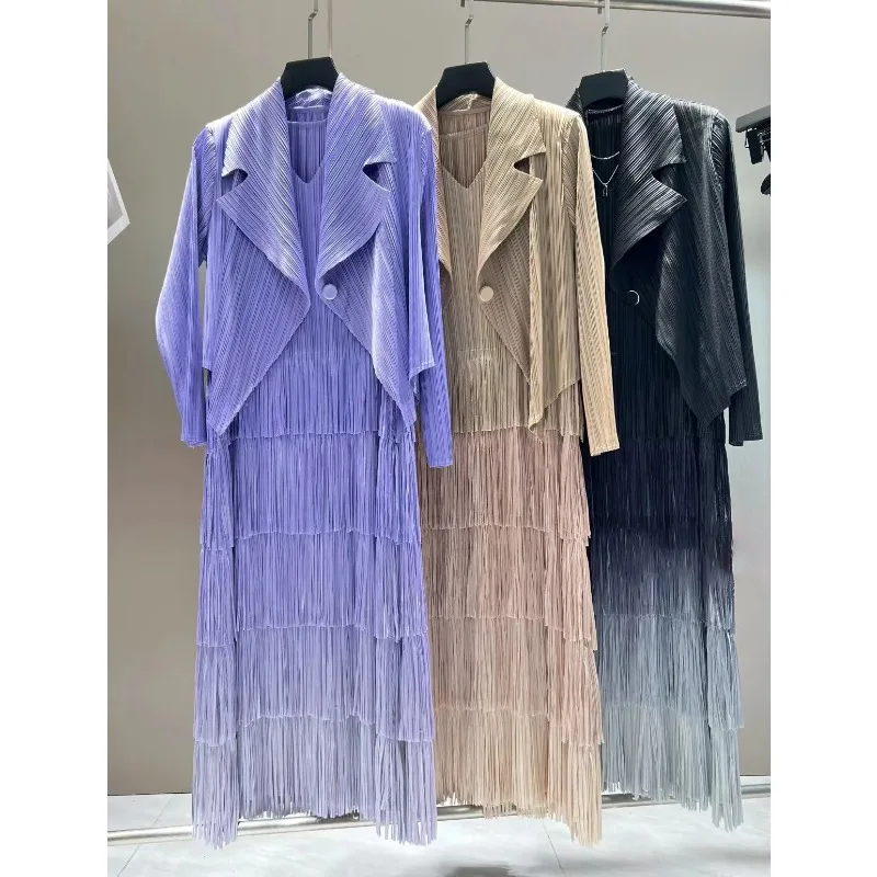 Miyake Pleated Women\'s Skirt Suit 2024 Autumn and Winter French High-end Gradient Tassel Dress Suit Collar Cardigan Jacket Women