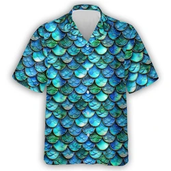 Fashion Fish Scales Sequins Graphic Hawaiian Vacation Beach Shirts Hip Hop Male Lapel Blouse Casual Streetwear Mermaid Shirts