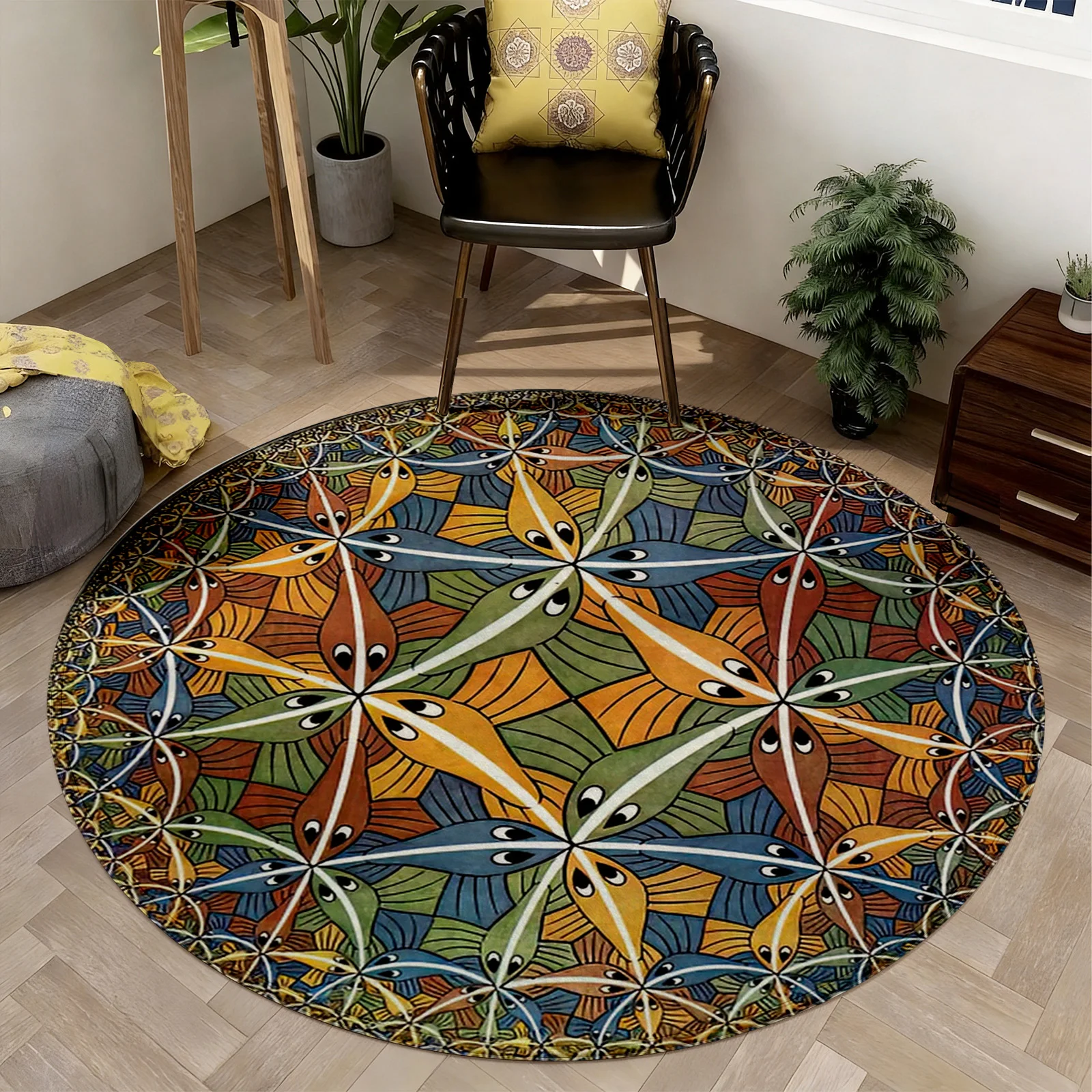 Bohemian Round Geometric Area Rug Tribal Mediterranean Style Colorful Abstract Large Indoor Outdoor Living Room Floor Mat Decor
