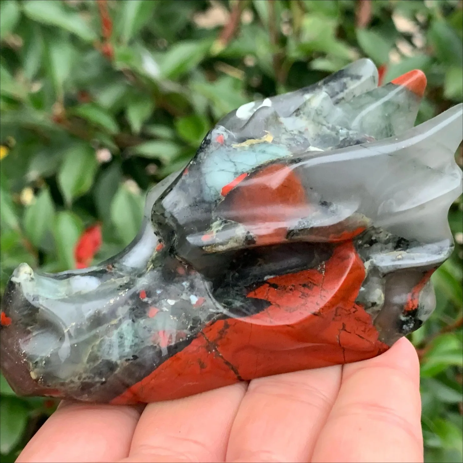 Natural African Bloodstone Dragon Skull Hand Carved Crystal Healing Stone Home Decor Figurine Unique