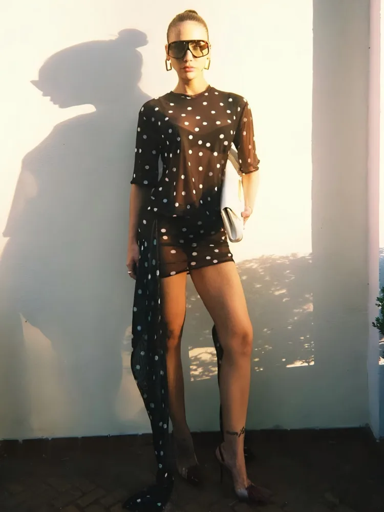 Arctic Cat Elegant ครึ่งแขน Polka Dot Tie ชุดมินิสําหรับผู้หญิงเซ็กซี่กระชับ Elegant Party Club ชุดราตรี Holiday Beach