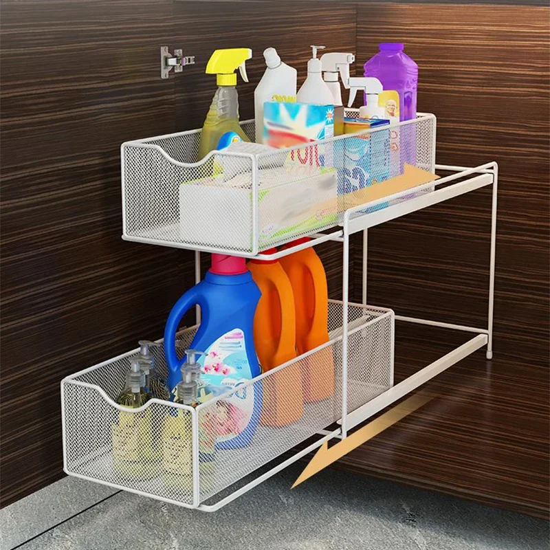 Bathroom 2 Layers Metal Storage Rack Kitchen Sink Seasoning Bottle Cutlery Drain Shelf Bathroom Skincare Dirty Clothes Organizer