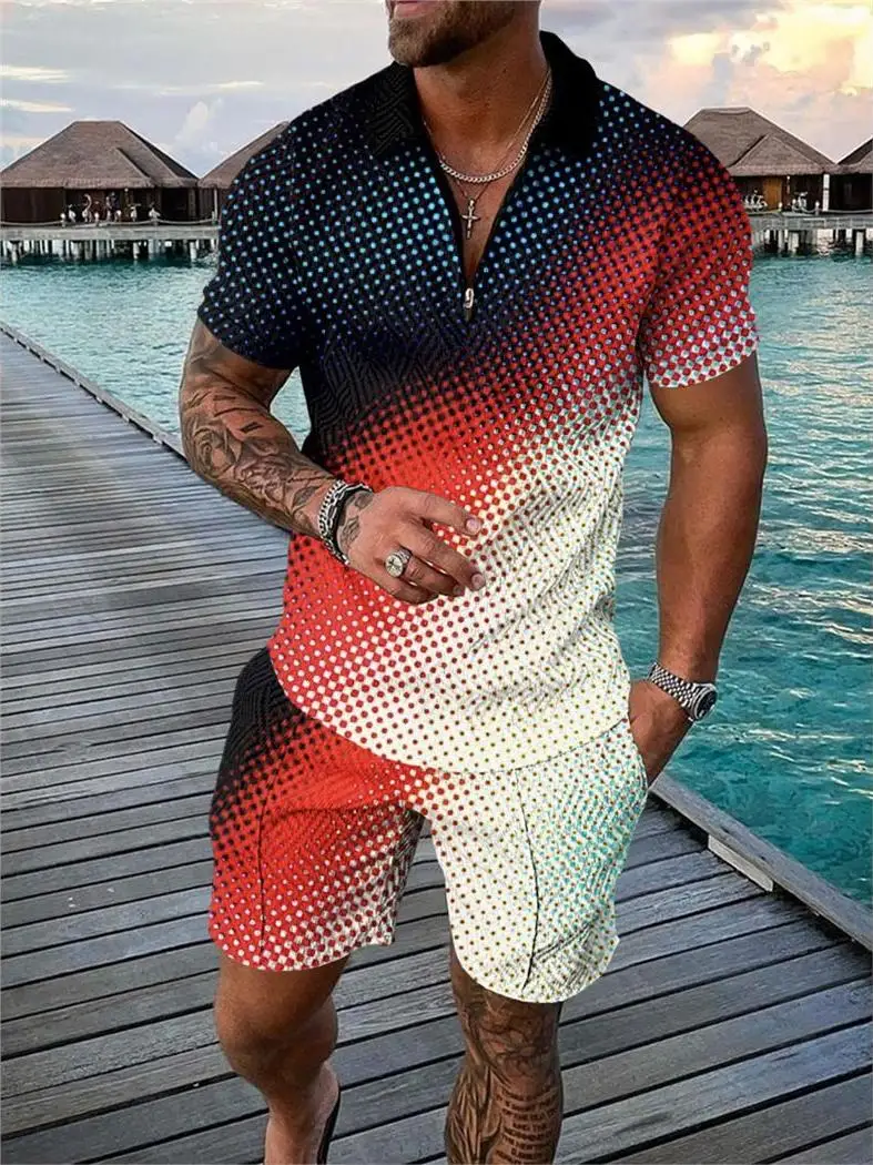 

Men's Casual Shirt Zipper Collar Short Sleeve Color Block Cotton Autumn Wear Sportswear Set Cross-Border Men's Fashion