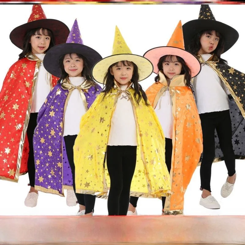 

loween Witch Costume Child Performance Outfit Small Sorcerer Magician Cosplay Five-star Cloak Hat Set Festival Supplies