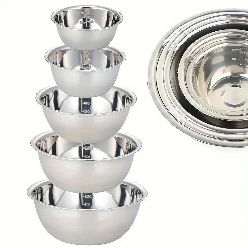 

5pcs Stainless Steel Mixing Bowls With Scale, Cooking Bowl For Cooking, Baking, Prepping, Household Kitchen Cooking Basin