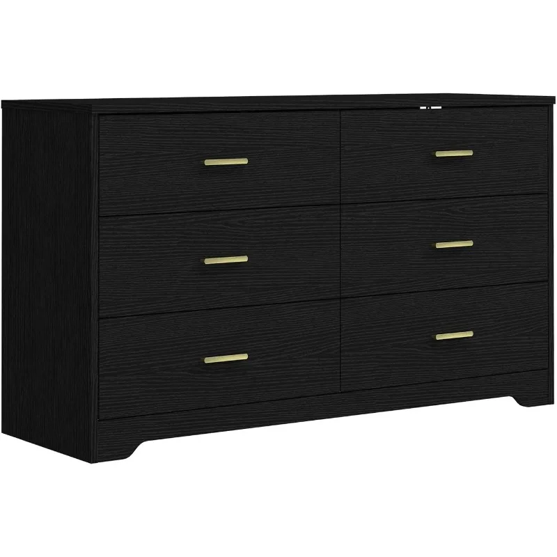 

Modern 6 Drawer Wood Dresser, Wood Lateral Chest of Drawers Storage Organizer with Wide Drawers & Metal Gold Handles for Bedroom