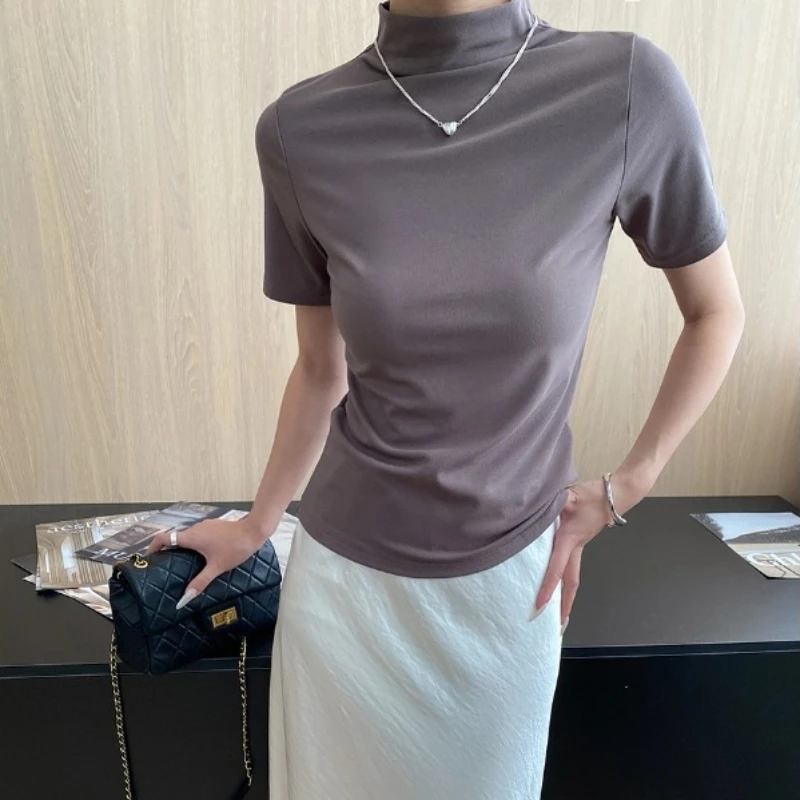 

Women Pullover T Shirt Solid Basic Tops Short Sleeves Half Turtle Neck Slight Strech Thin Slim Fit Elegant Casual 2025 Summer