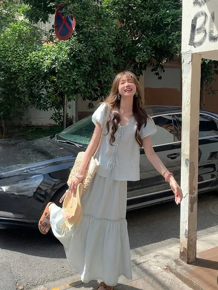 

Miaolab, новая летняя хлопково-льняная юбка с вышивкой, комплект с юбкой-зонтиком, женский модный костюм-двойка, V-Ne But...