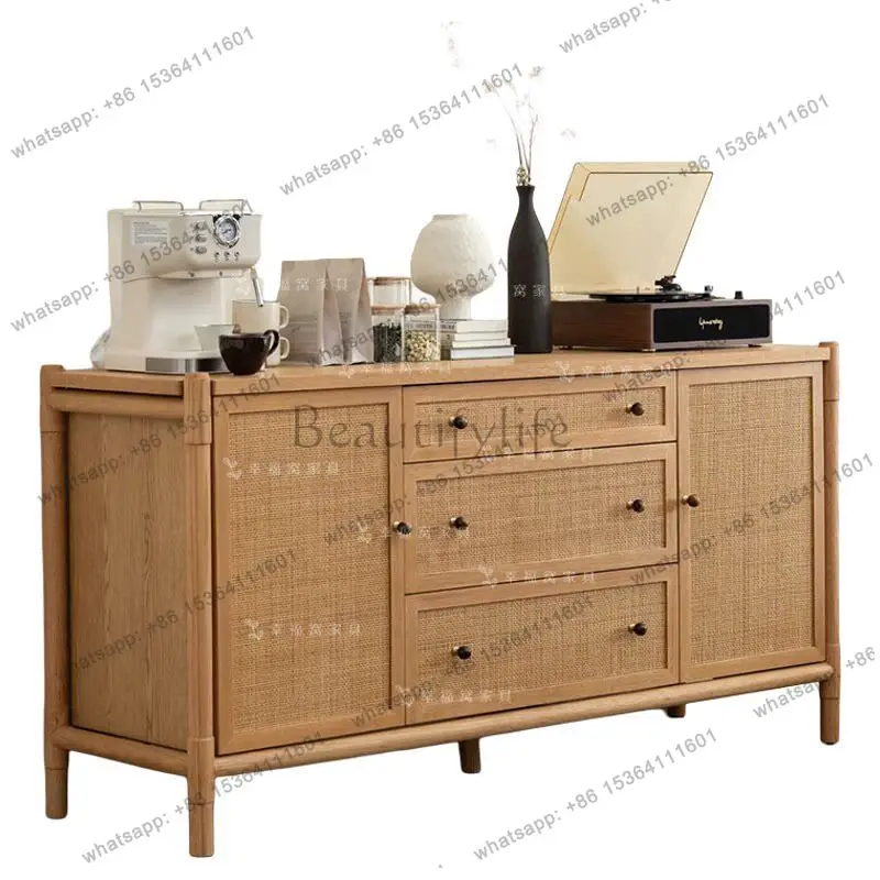 

Medieval solid wood rattan dining side cabinet French retro storage decorative locker