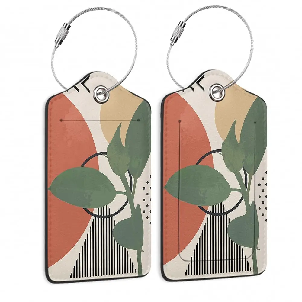 

Бирки для багажа в стиле бохо, набор из 2 кожаных идентификаторов с тропическими зелеными листьями, с защитной крышкой и петлей из нержавеющей стали