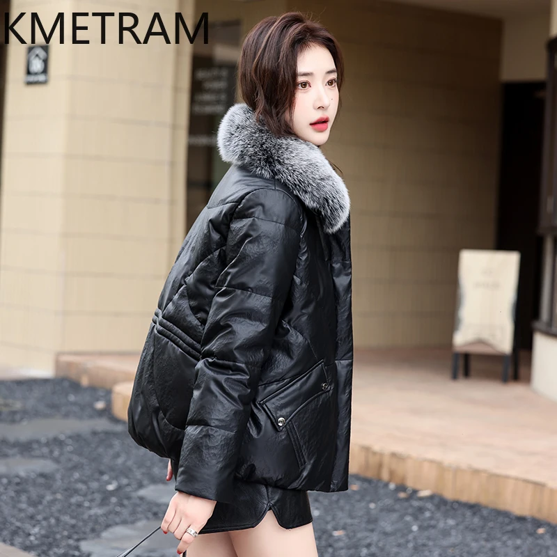 KMETRAM Leather Jacket Women 90% White Duck Down Liner Winter Womens Clothes Fox Fur Collar Four Colors Chamarras Dama Slim Fit