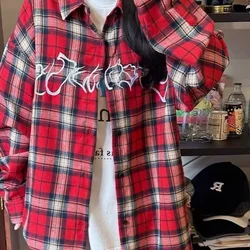 DAYIFUN Girls' Red Plaid Shirt American Summer Letter Embroidery Loose Vintage Blouses Long Sleeved Design Urban Oversized Tops