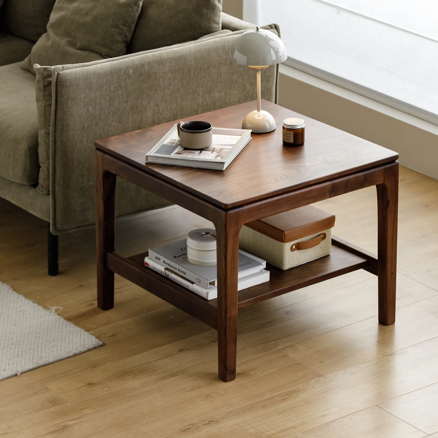 

North American black walnut solid wood home sofa edge corner square table double layer coffee table antique living room