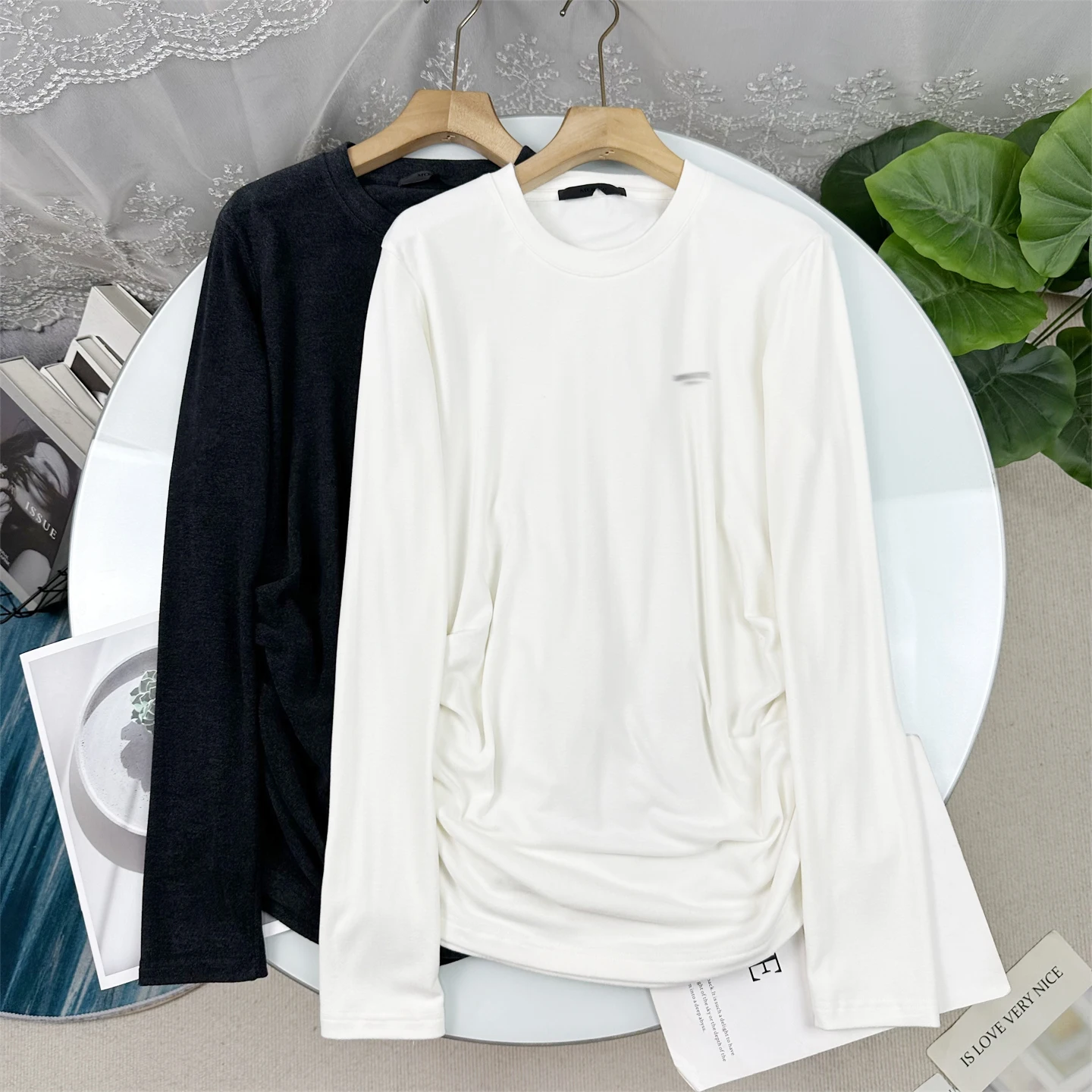Soft Cotton Long Sleeve T-Shirt Women's round Neck Small Letter Print Brushed under Shirt Gathered Base Top Female Garment
