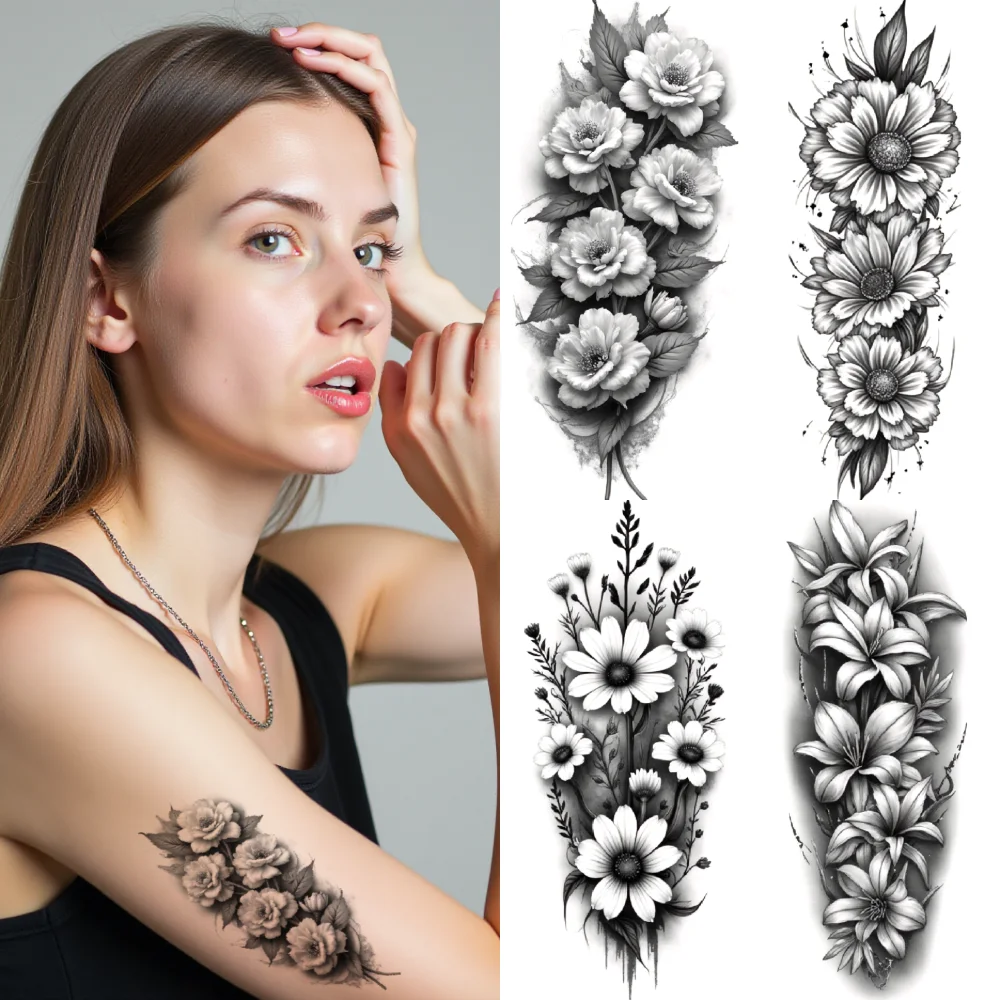 

12pcs Temporary Tattoo Black And Grey Realism Lily Flowers Tropical Leaves Tiger Face For Adult Thighs Male