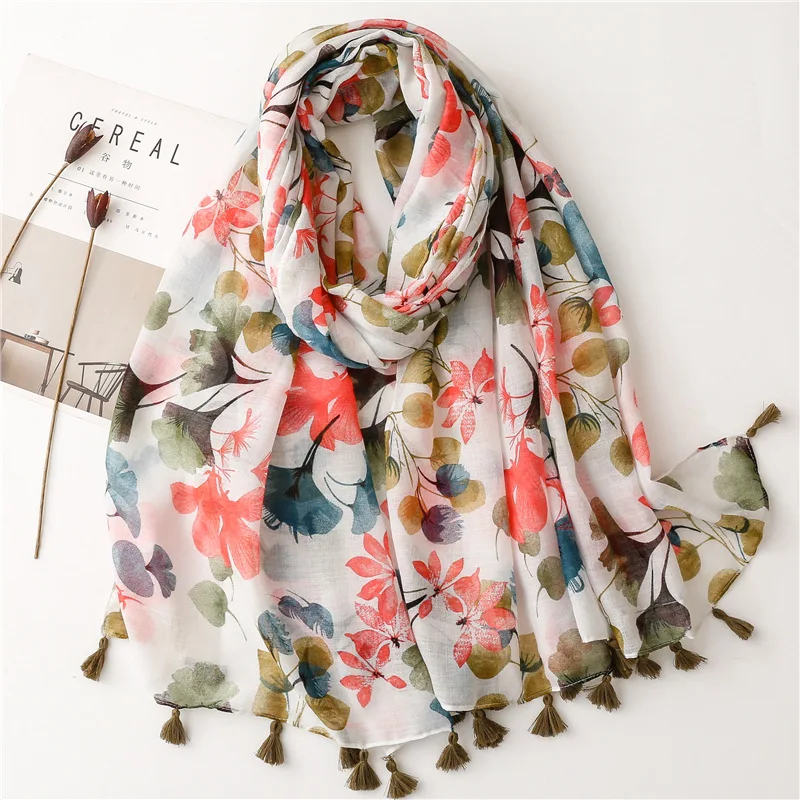 Floral Tassel Viscose Scarf Women Shawls and Wraps Hijab Female Hair Band Luxury Muslim Headkerchief 180*90Cm Echarpe Bandanas