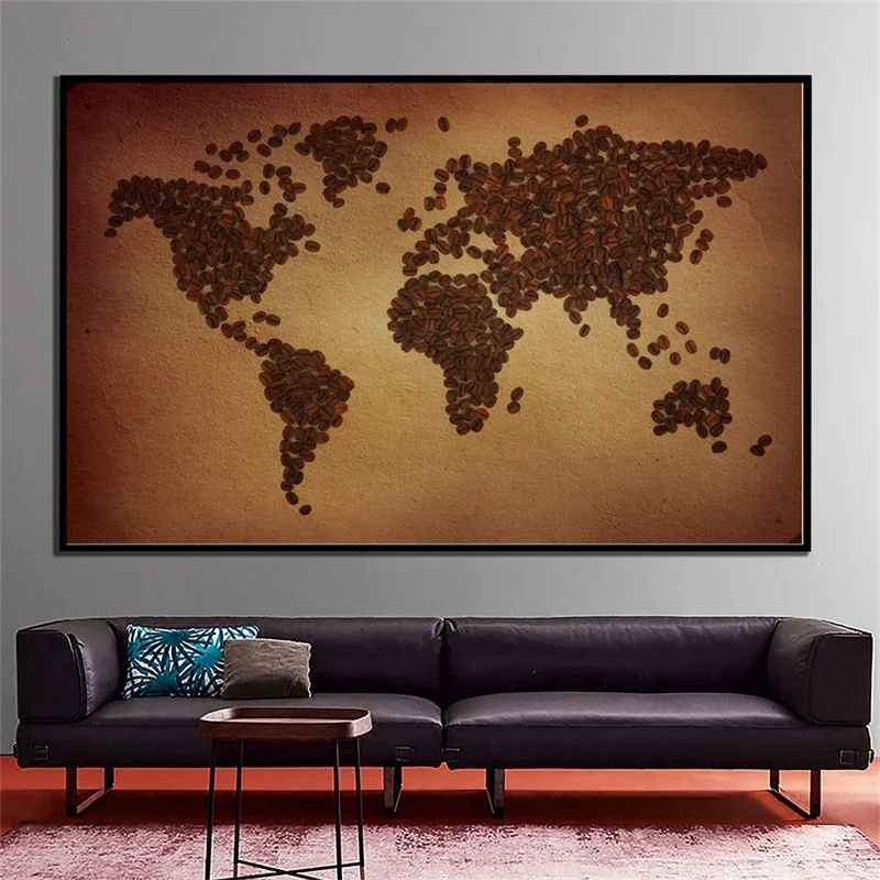 Plaque de carte du monde en grains de café, Non tissée, 150x100cm, décor mural pour la maison