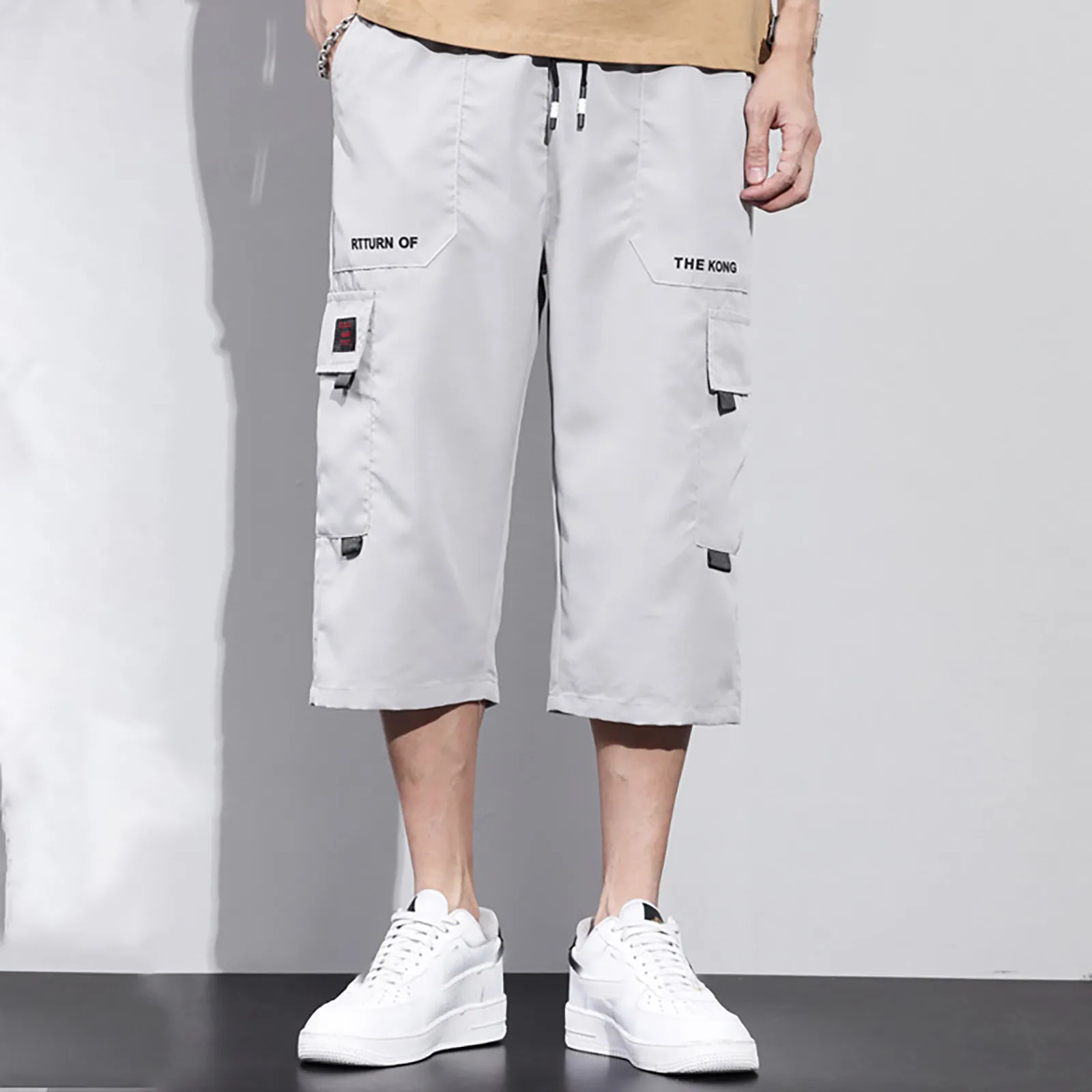 Multi Pocket Drawstring Straight Cargo Pants Men Solid Color Letter Printed Three Quarter Shorts Loose Casual Outdoor Shorts