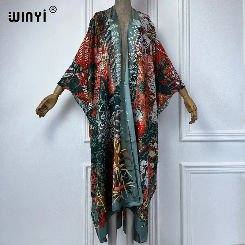 WINYI Summer fashion Beach cover up Boho flower print Cover Up Cardigan elegant Holiday Kimono beach outfits women kaftan dress