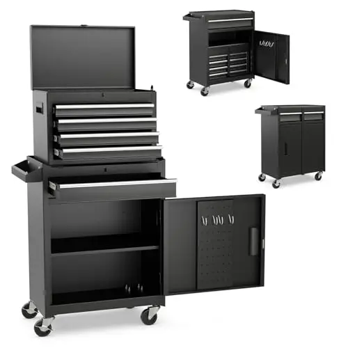 5-Drawer Tool Chest Combo, Rolling Tool Cabinet w/Detachable Top Tool Box, Adjustable Shelves, Lockable Wheels, Metal