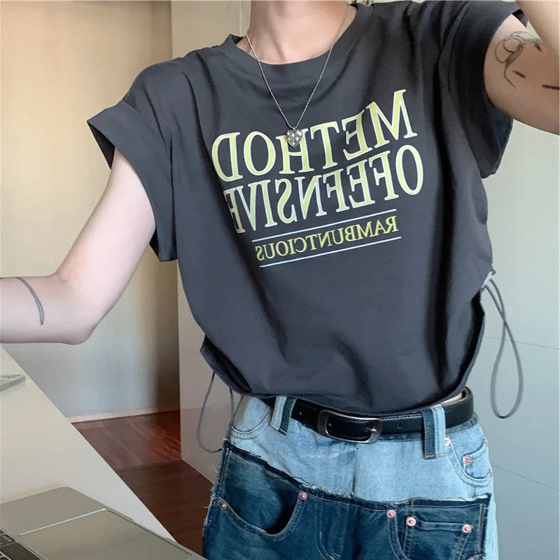 

Summer Niche Korean Style Drawstring Short Top Ins 2025 Women Short Sleeves Irregular Fit Loose T-shirt Cropped Top Chic
