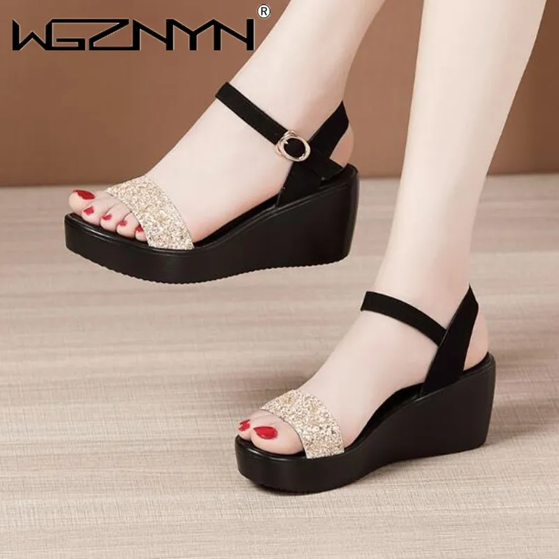 Summer Thick Bottom High Heel Women Shoes Size 35-40 Black Roman Wedges Heel Platform Women\'s Sandals Beach Shoes Open Toe Shoes