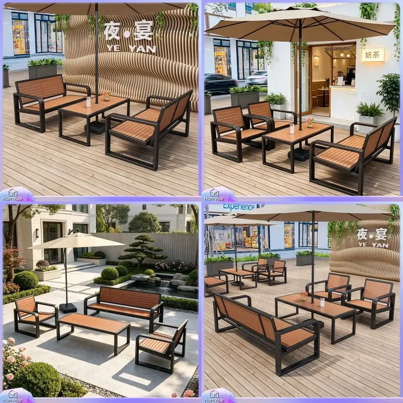 Outdoor Patio Furniture Set Plastic Wood Table and Chairs with Umbrella Hole Waterproof Sunproof Garden Deck Bistro Dining