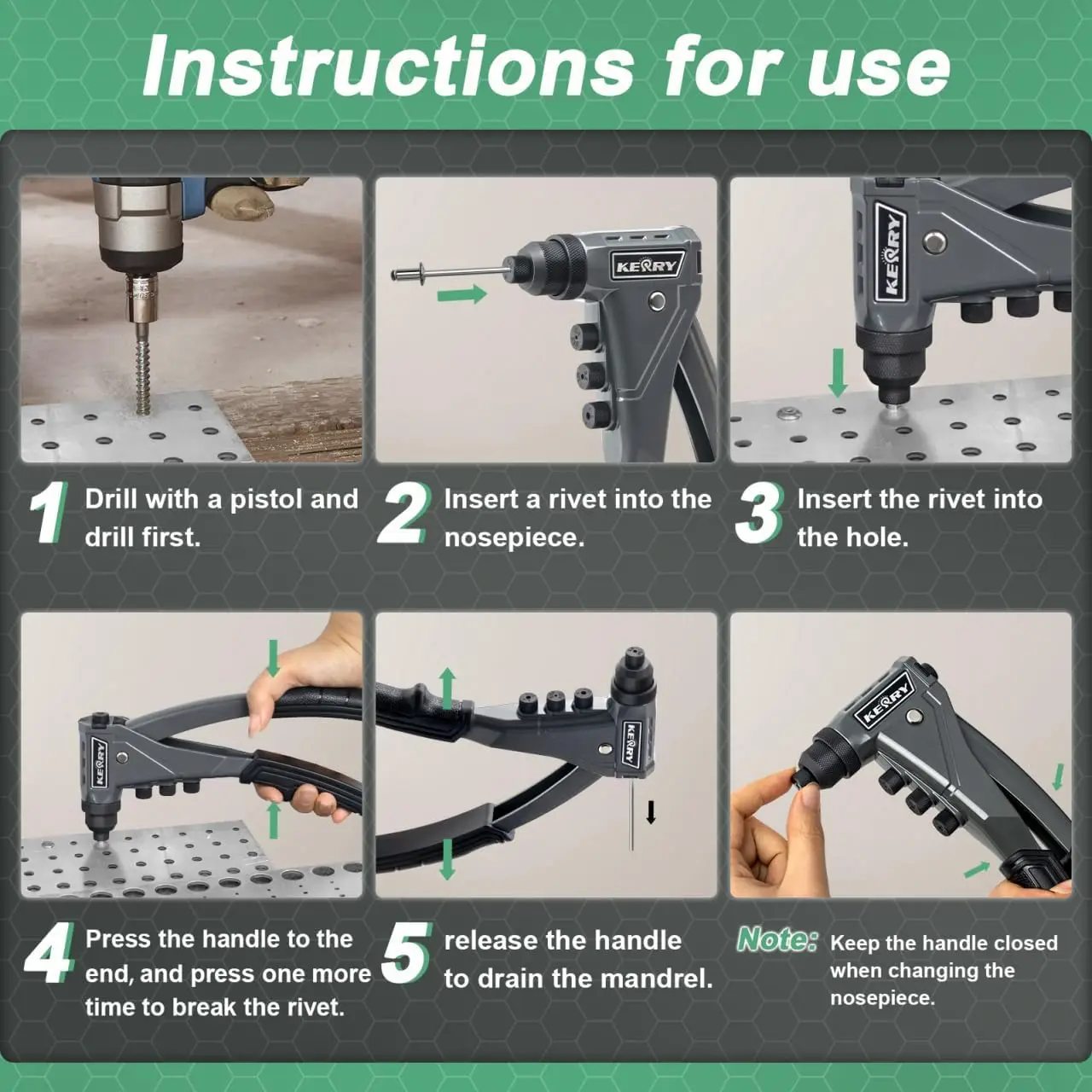 مجموعة مسدس برشام بيد واحدة، 3/32 بوصة إلى 3/16 بوصة، 4 رؤوس، 200 مسامير، مقبض ممتد