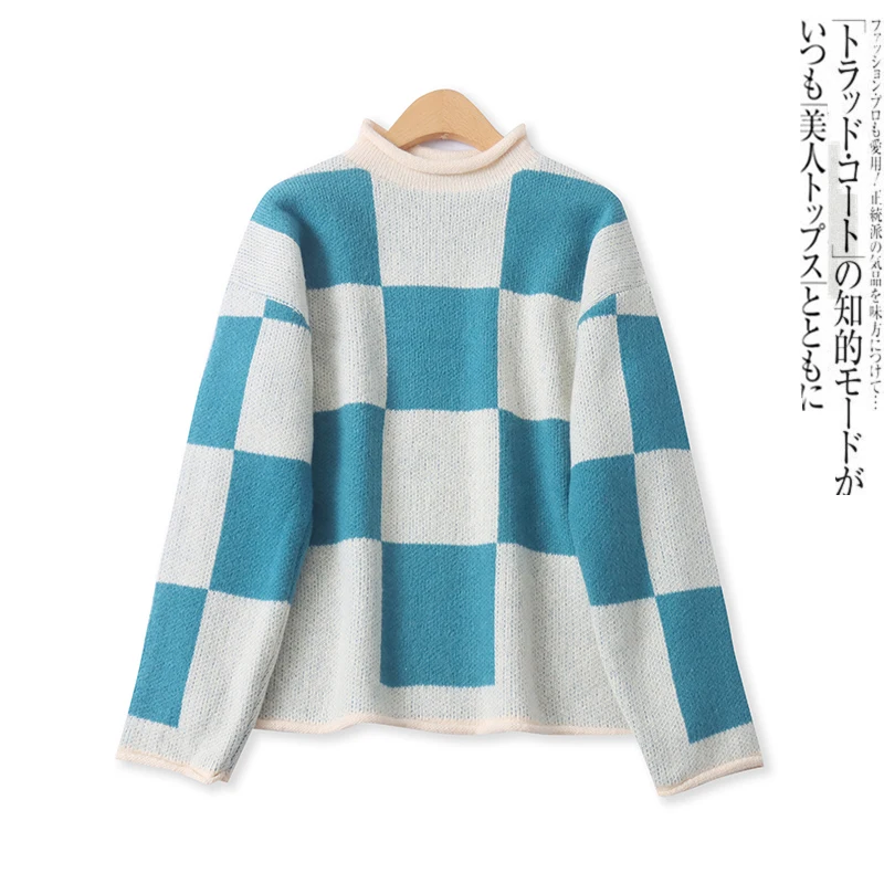 

Plaid Knitwear Loose Long Sve f High Collar Soft Cozy Women's Faion Spring New Sle Versatile Color Blo Sweater