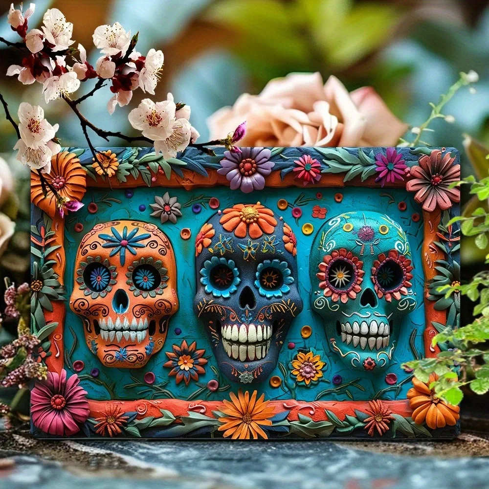 1Pc Vintage Day of The Dead Style Metal Wall Painting Art Plaque 2D Plane Sign for Garage Man Cave Bar Bedroom Clubs Store Decor