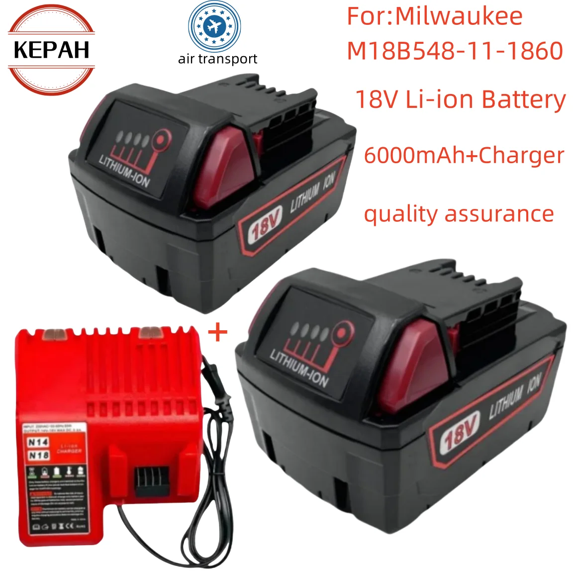 

For Milwaukee M18 Power Tool Battery, Charger, BR, XC, 18V, 6000mAh M18B5, 48-11-1860, Built-in 18650 Battery