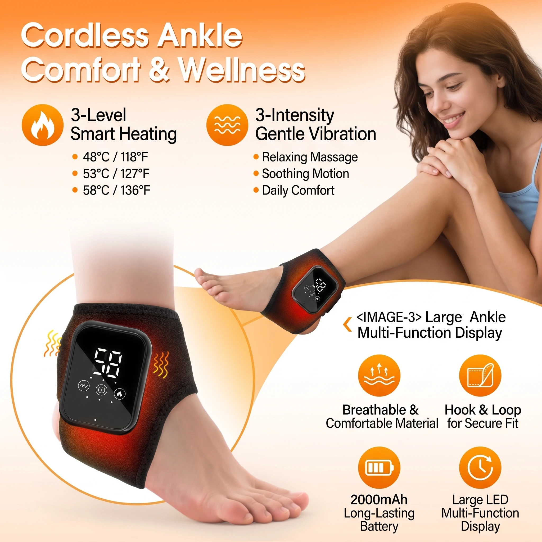 Cordless Rechargeable Ankle Support Wrap 3 Heated Levels Ankle Brace Vibration Massage for Home Office Relax Muscles Men Women