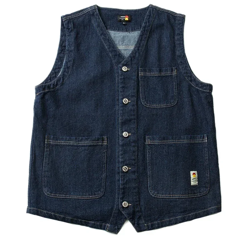 Imitation Kendo Cloth Pineapple Grain Texture Navy Japan Multi Pocket Vest Men's Single Breasted V-neck Loose Coat Retro