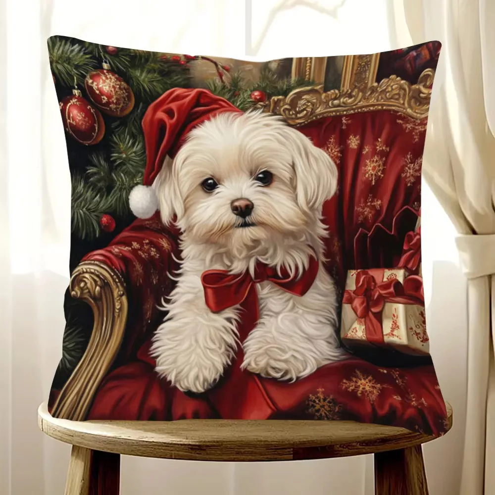 Christmas Cute Maltese Puppy Pillow Cover, Double Sided Soft Polyester Print for Sofa Bedroom Living Room New Year Home Decor