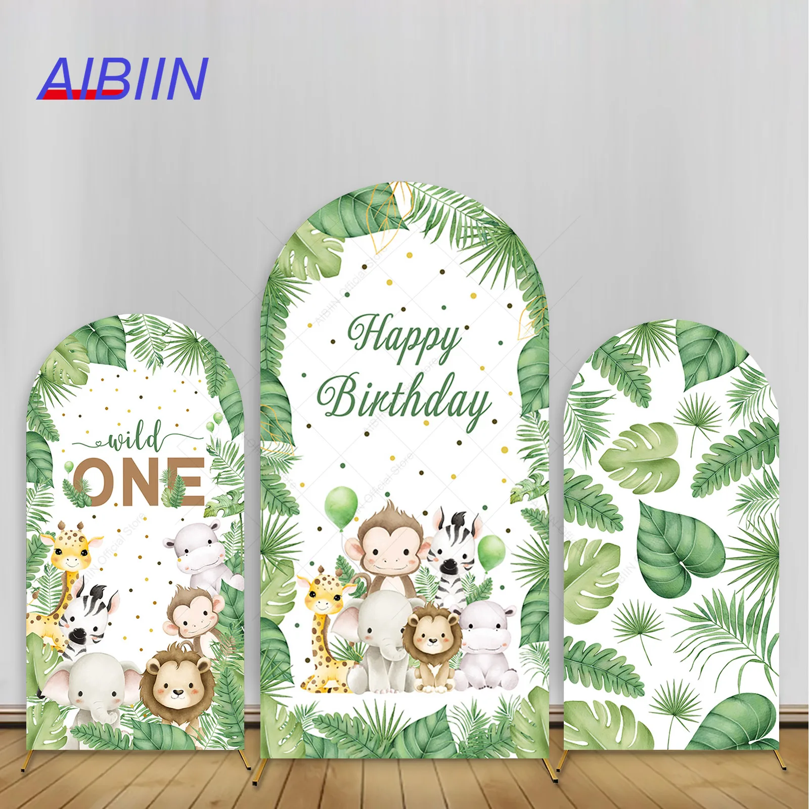 

Wild One Year Arch Backdrop Cover Safari Jungle Animals Green Leaves Happy Birthday Party Decor Baby Kids Portrait Background