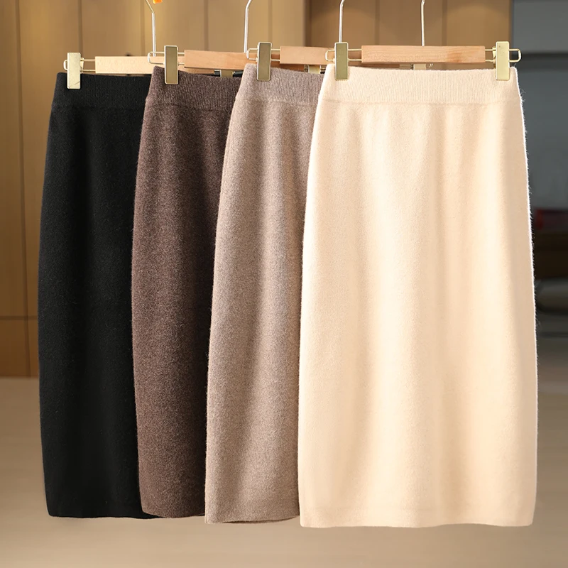 

Women Wool Skirts Solid Elastic Waist 100% Merino Wool Knitwear Office Lady Grace Soft Basic Casual Slim Skirt Autumn Winter