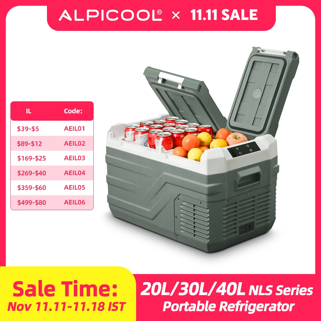 Alpicool NLS 20L 30L 40L Car Refrigerator Dual Zone 12V Portable Compressor Fridge Freezer 12/24V DC 100-240V AC for Camping