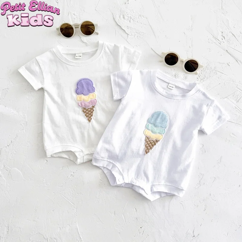 Sommer Neugeborenen Jungen und Mädchen Body 0-2Y Baby Baumwolle Entzückende Strampler mit Eis Stickerei Infant Onesie Weiche Kleidung