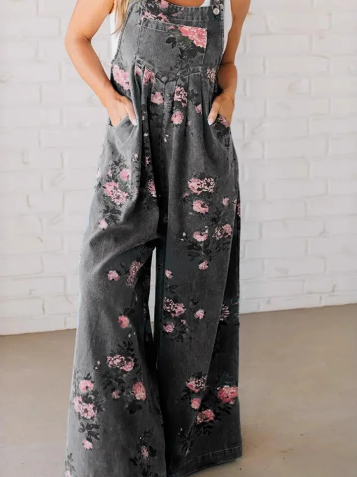 Casual Fashion Print Jumpsuit Women's Sleeveless Overalls High Waist Wide Leg Pants Long Pants Polyester Fiber Commute Style