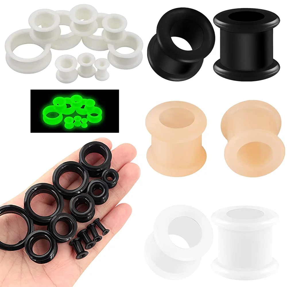 WKOUD 2pcs 3mm-48mm Hollow Big Size Black Silicone Flexible Double Flared Flesh Ear Tunnel Plugs Gauge Expander Stretchers